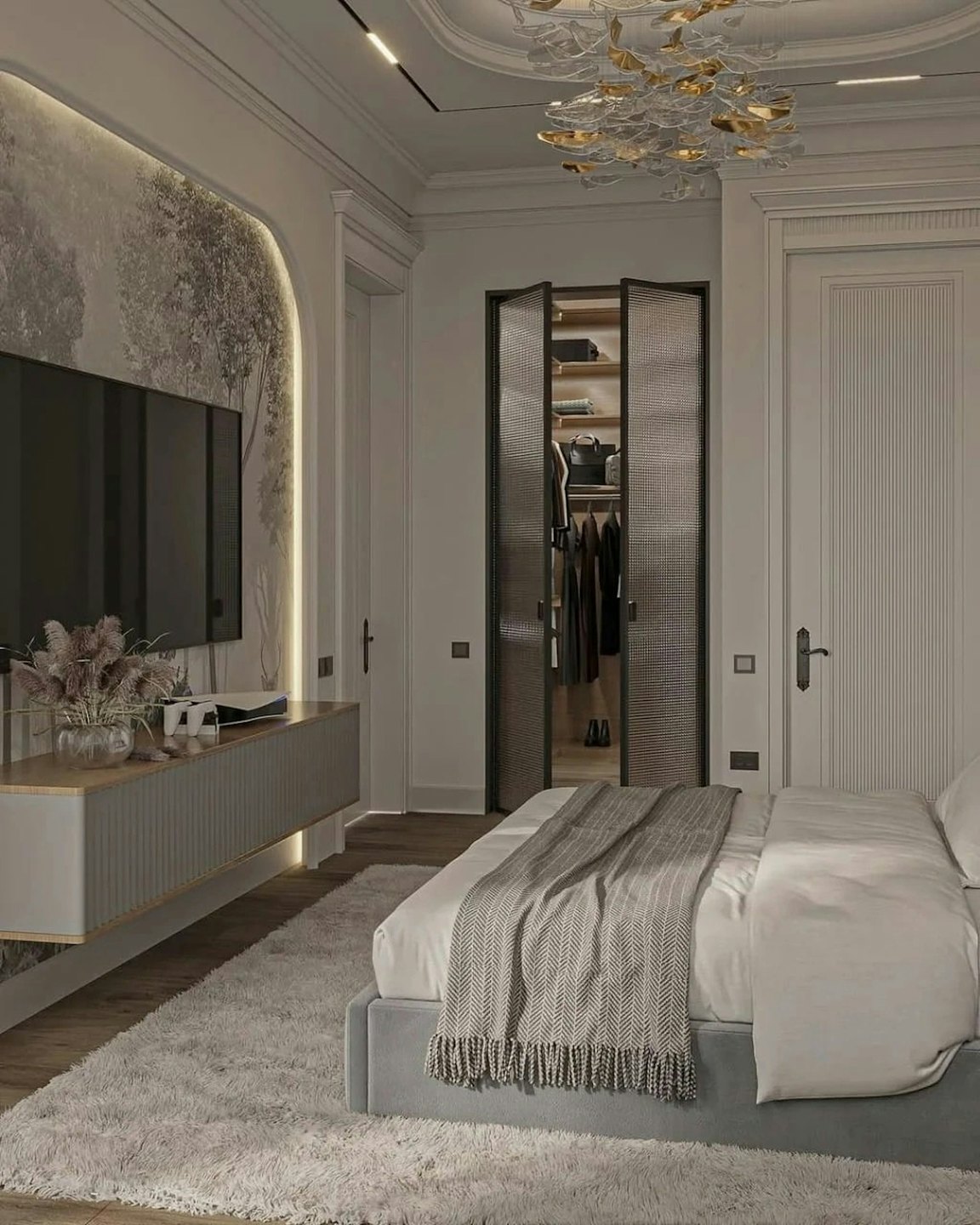Modern bedroom featuring a grey bed and glass wardrobe.