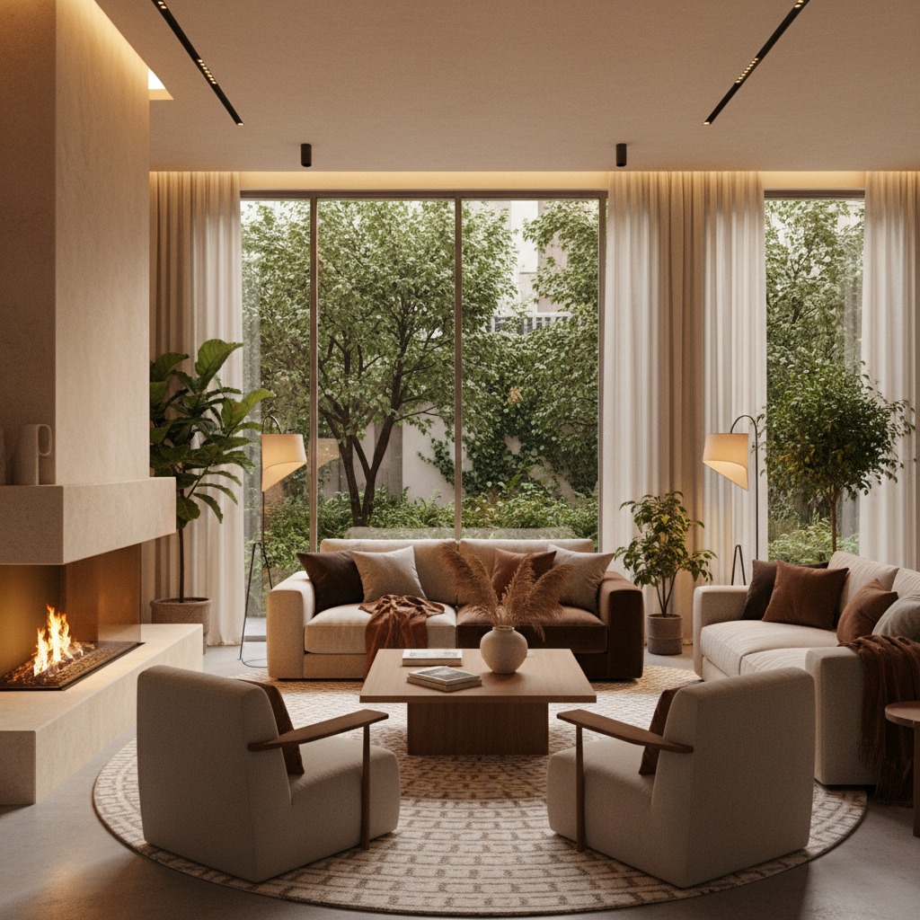 A modern living room features a fireplace, neutral sofas, and armchairs arranged around a square wooden coffee table on a circular rug.