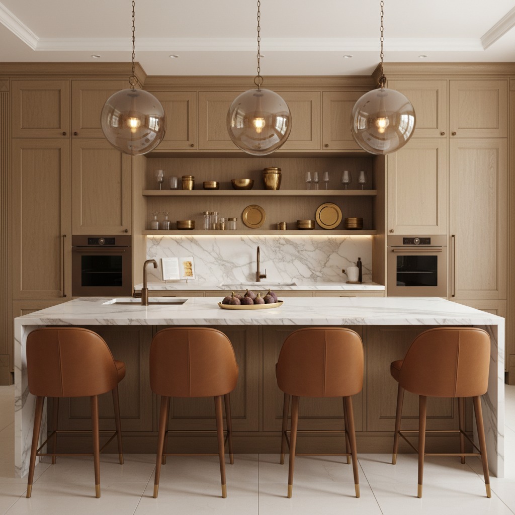 A luxurious modern kitchen features light wood cabinets, a marble island with a sink and bowl of fruit, and four brown leather barstools.